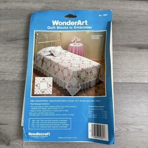 VTG WonderArt 1981 Colonial Rose Floral Quilt Blocks Cross Stitch Kit 18x18 OPEN